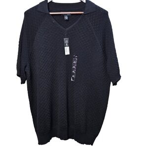 J Ferrar Mens XXL Black Textured Knit V-Neck Short Sleeve Polo Shirt‎ New NWT